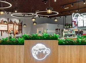 Барная стойка и мебель для кафе-пекарни Cinnabon в ТЦ Европолис в Санкт-Петербурге Фото 4